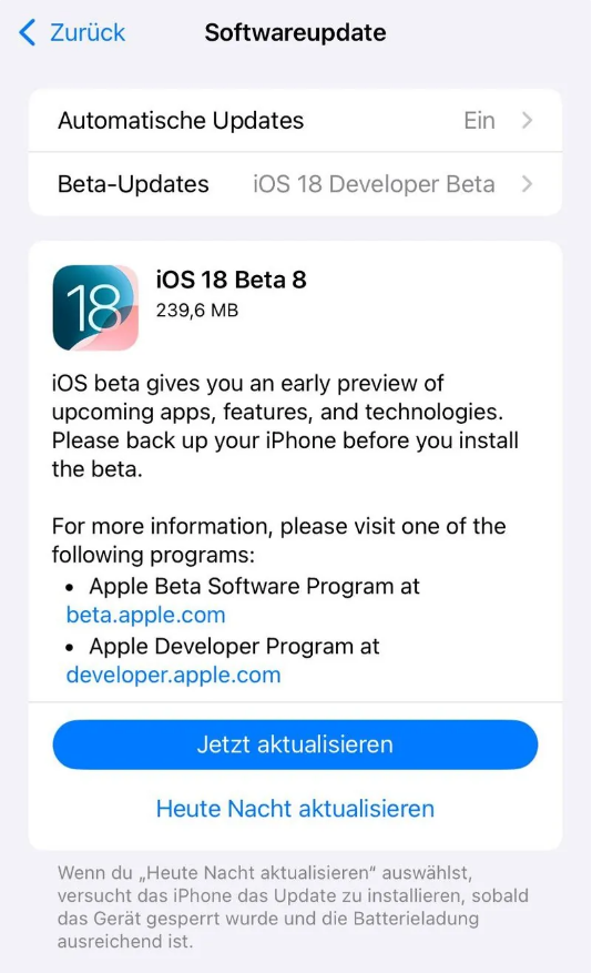 玛多苹果手机维修分享苹果 iOS / iPadOS 18 开发者预览版 Beta 8 发布 